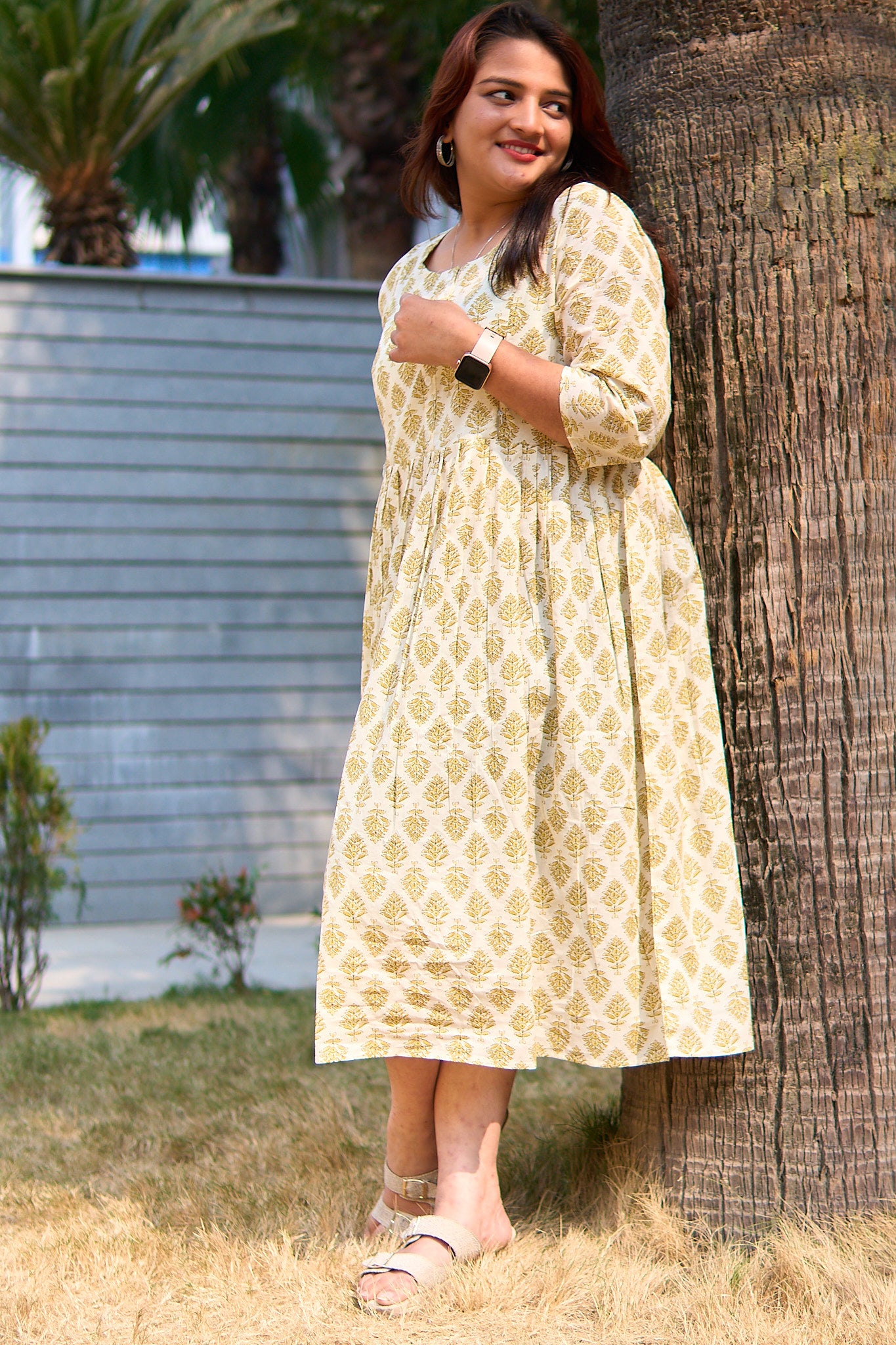 Madhuli-Cream and yellow cotton booti maternity and nursing kurta