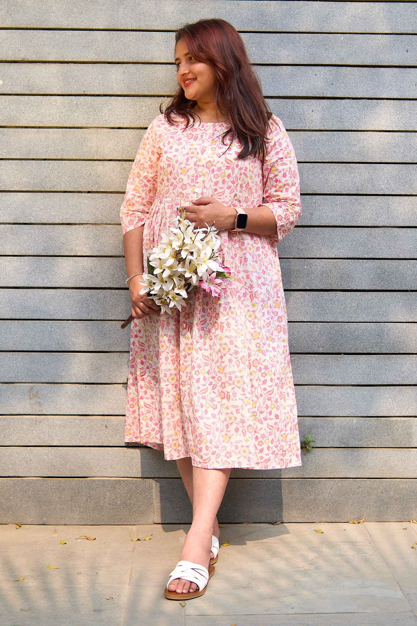 Malada-Cream and pink jaal print maternity and nursing kurta