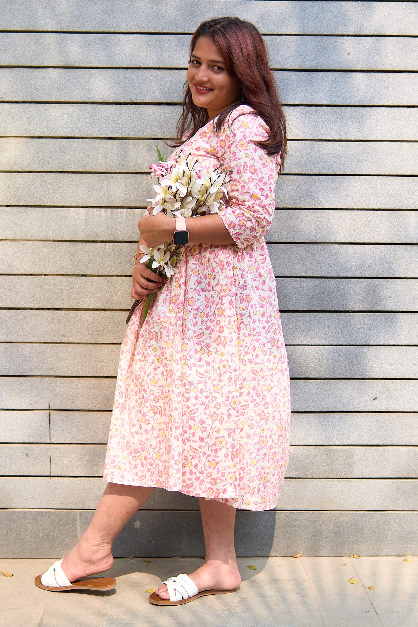 Malada-Cream and pink jaal print maternity and nursing kurta