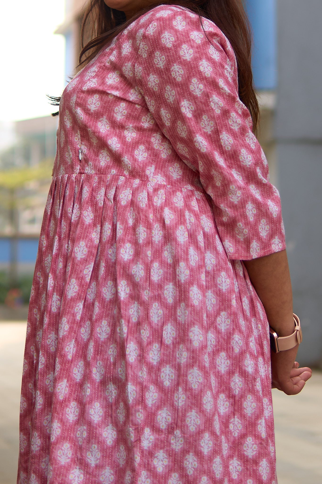 Manika-Pink and white booti cotton katha maternity and nursing kurta