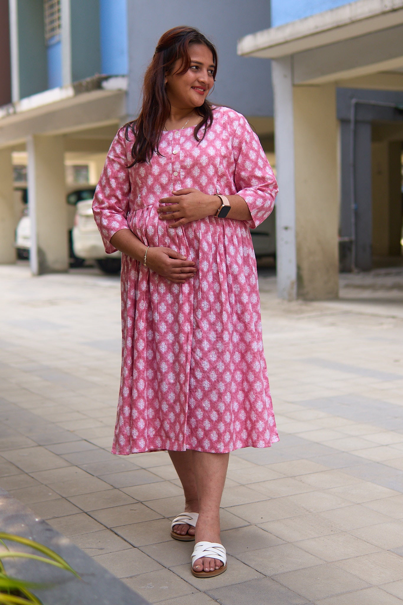 Manika-Pink and white booti cotton katha maternity and nursing kurta