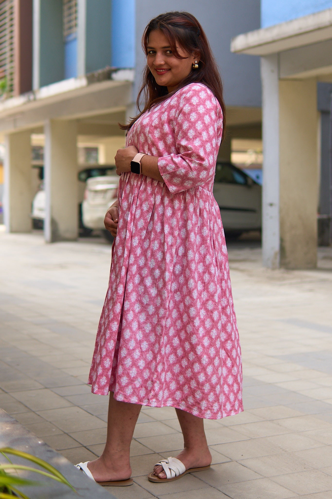 Manika-Pink and white booti cotton katha maternity and nursing kurta