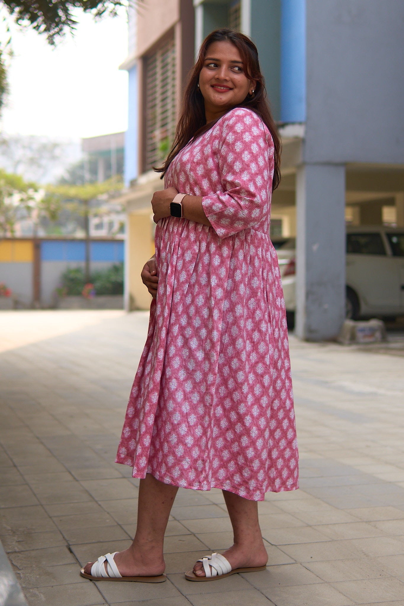 Manika-Pink and white booti cotton katha maternity and nursing kurta
