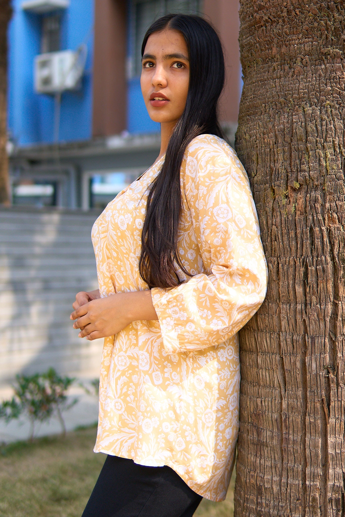 Purvi-Yellow v neck tunic