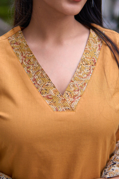 Aarna- Mustard cotton flex kurta set with kalamkari dupatta
