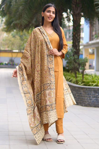 Aarna- Mustard cotton flex kurta set with kalamkari dupatta