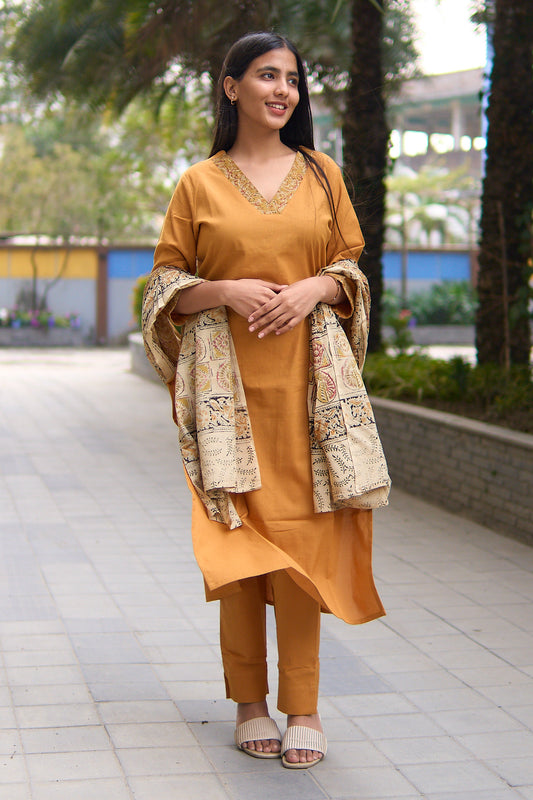 Aarna- Mustard cotton flex kurta set with kalamkari dupatta