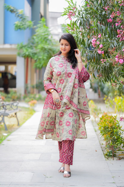 ADRISA- BEIGE & MAROON  KURTA SET WITH DUPATTA