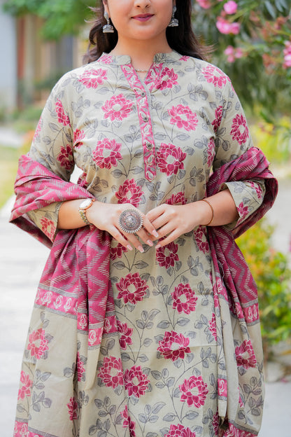 ADRISA- BEIGE & MAROON  KURTA SET WITH DUPATTA
