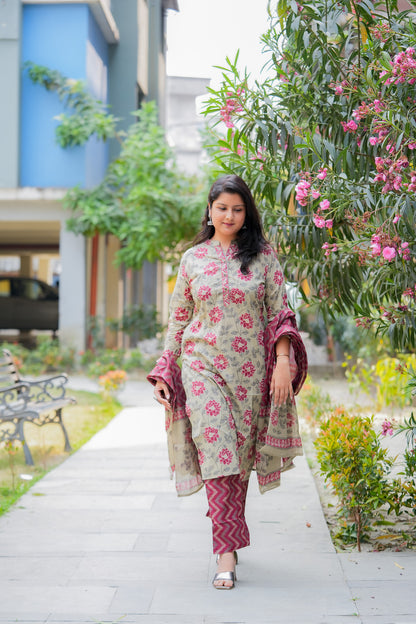 ADRISA- BEIGE & MAROON  KURTA SET WITH DUPATTA
