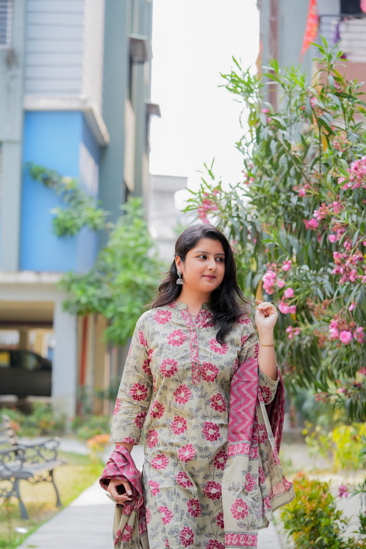 ADRISA- BEIGE & MAROON  KURTA SET WITH DUPATTA
