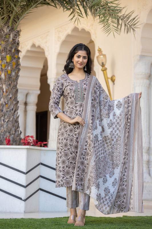 Agniki-Beage and brown print embroidered kurta set