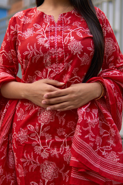 Aisha-Red floral cotton kurta set