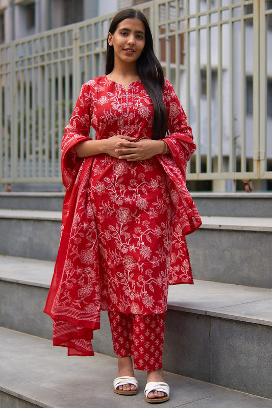 Aisha-Red floral cotton kurta set