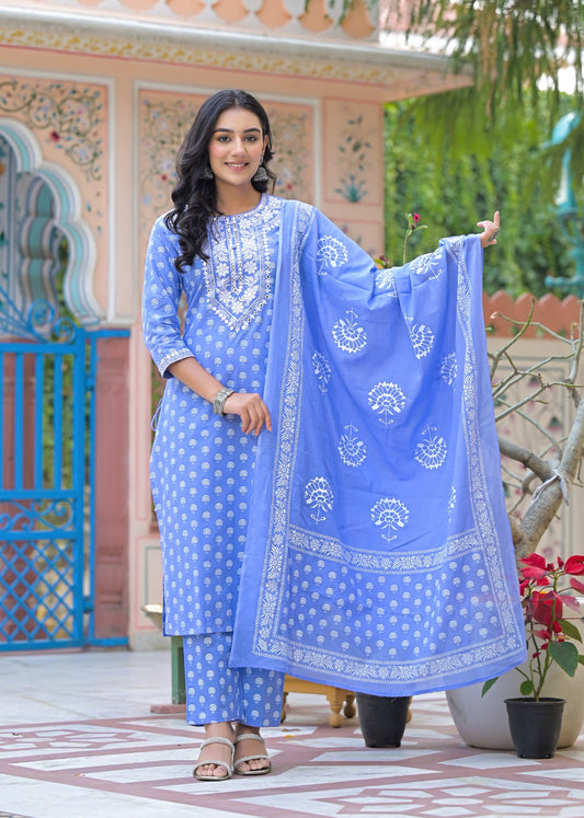 Anshi-Blue cotton straight kurta set with embriodered neckline