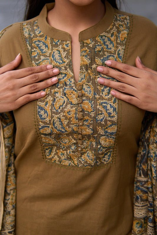 Arushi- Mehendi cotton flex kurta set with kalamkari dupatta