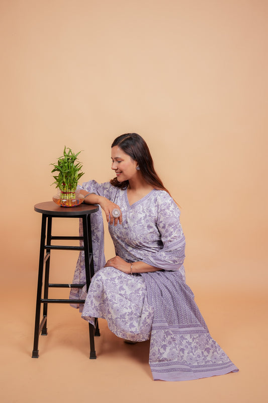 Arya-Purple with neck detailing straight cotton kurta set