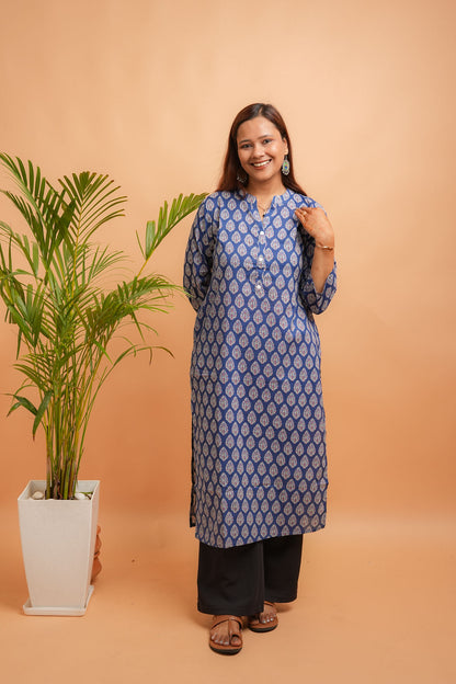 KAKSHI- NAVY COTTON MANDARIN KURTA