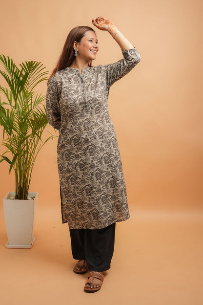 Kaalaka-Cotton floral print brown kurta