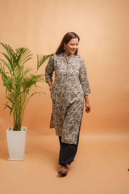 Kaalaka-Cotton floral print brown kurta