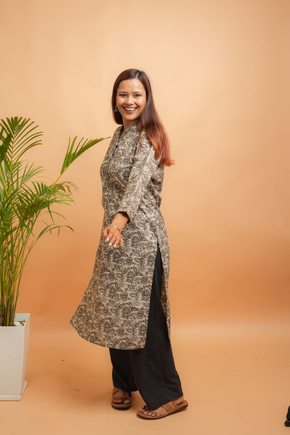 Kaalaka-Cotton floral print brown kurta