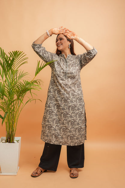 Kaalaka-Cotton floral print brown kurta