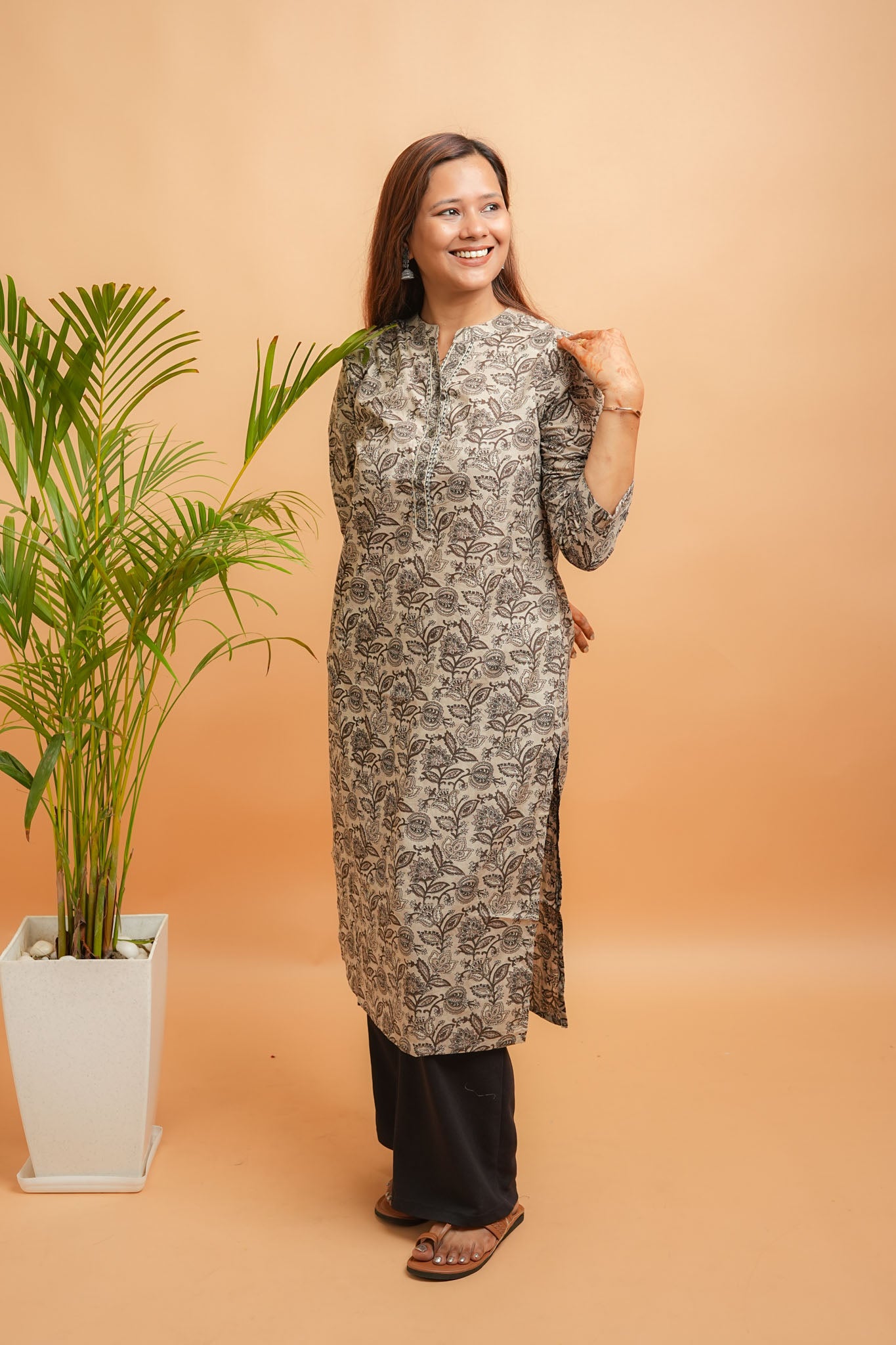 Kaalaka-Cotton floral print brown kurta