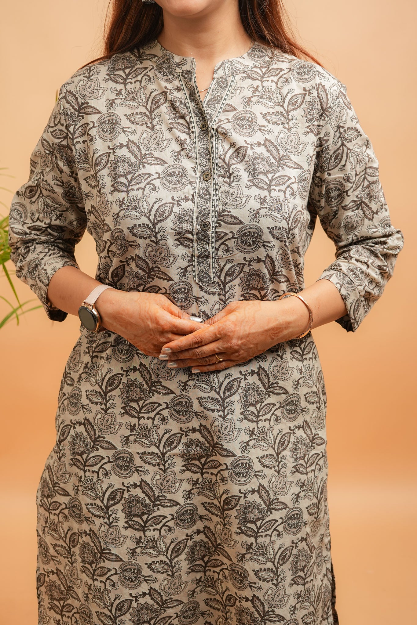 Kaalaka-Cotton floral print brown kurta