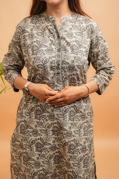 Kaalaka-Cotton floral print brown kurta