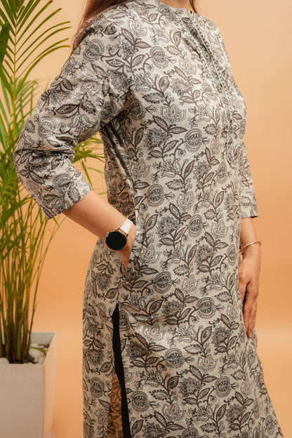 Kaalaka-Cotton floral print brown kurta
