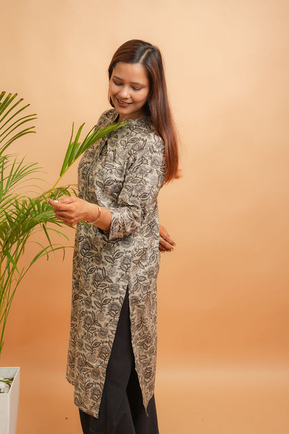 Kaalaka-Cotton floral print brown kurta