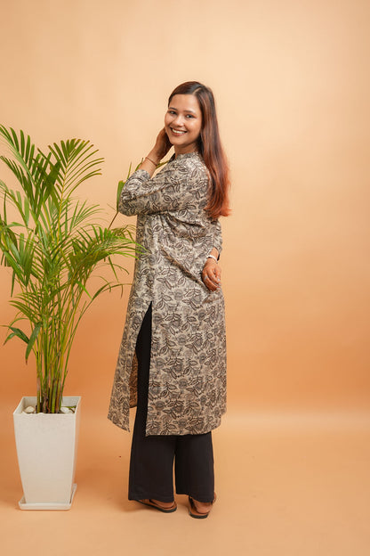Kaalaka-Cotton floral print brown kurta