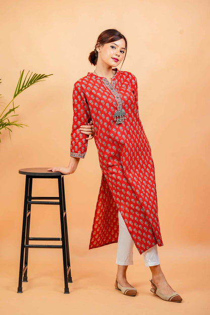 Kaamika-Cotton katha rust colour with navy butti straight kurta