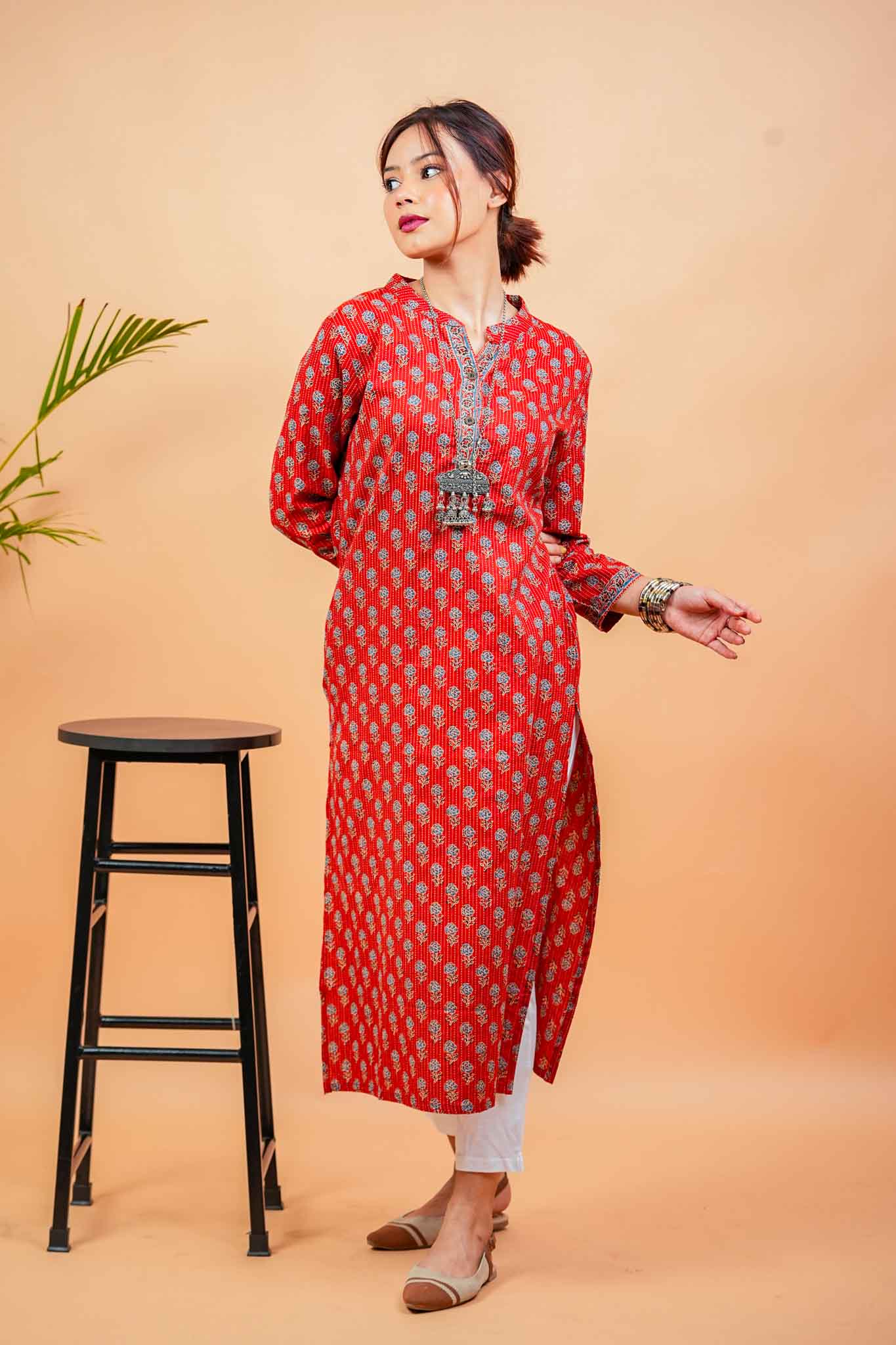 Kaamika-Cotton katha rust colour with navy butti straight kurta