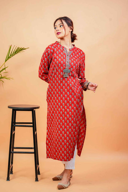Kaamika-Cotton katha rust colour with navy butti straight kurta