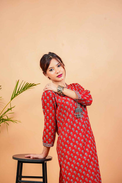 Kaamika-Cotton katha rust colour with navy butti straight kurta