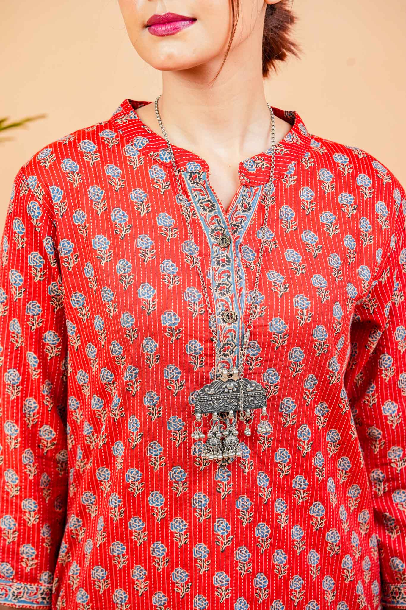 Kaamika-Cotton katha rust colour with navy butti straight kurta