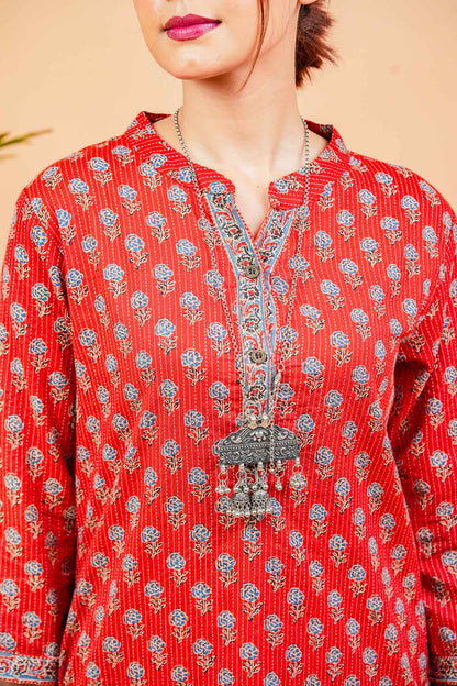 Kaamika-Cotton katha rust colour with navy butti straight kurta