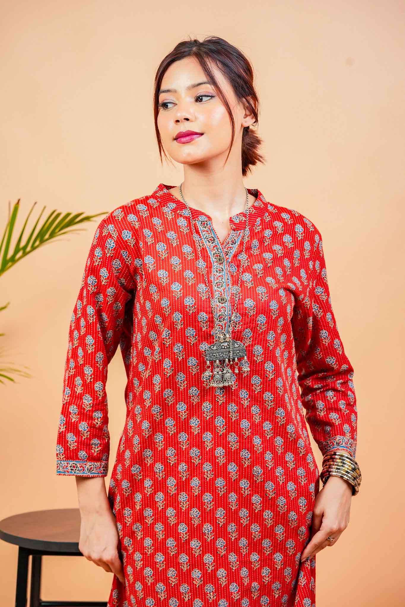 Kaamika-Cotton katha rust colour with navy butti straight kurta