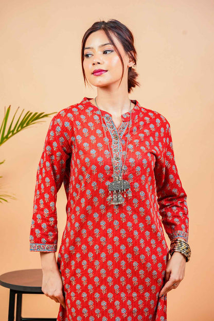 Kaamika-Cotton katha rust colour with navy butti straight kurta