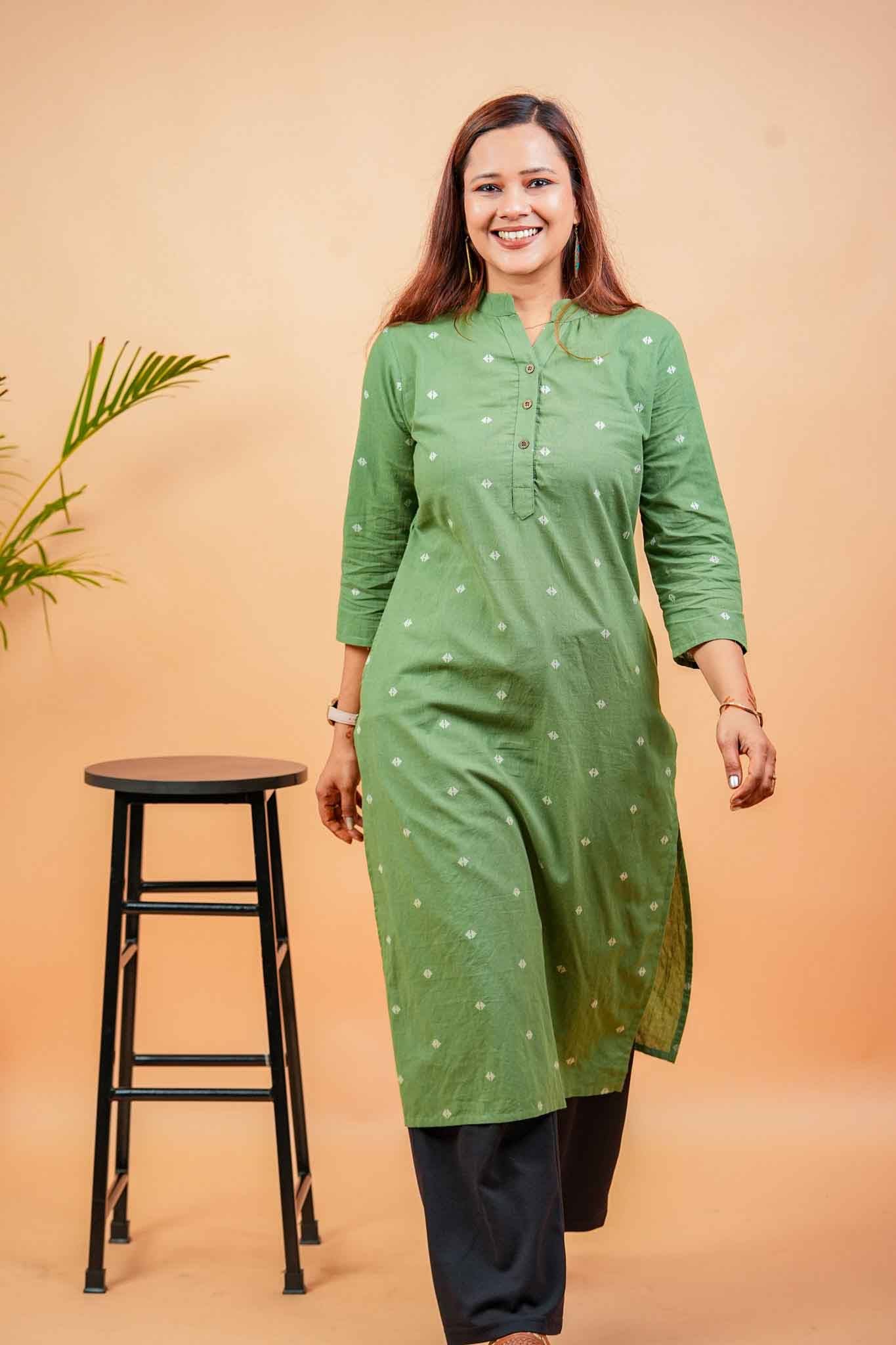 KANSI- OLIVE GREEN HANDLOOM WOVEN KURTA