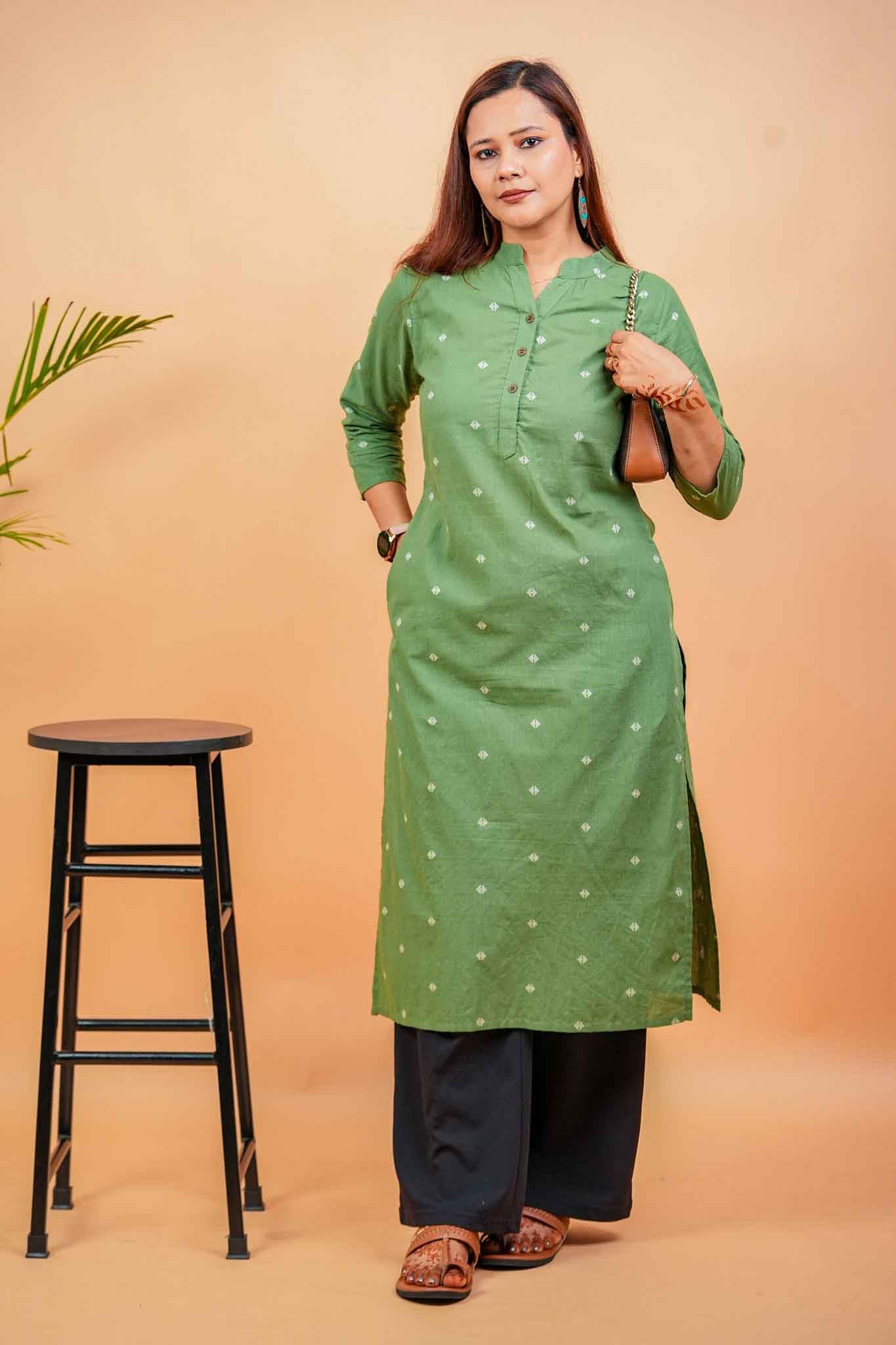 KANSI- OLIVE GREEN HANDLOOM WOVEN KURTA