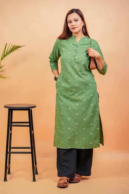 KANSI- OLIVE GREEN HANDLOOM WOVEN KURTA