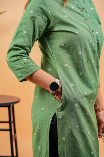 KANSI- OLIVE GREEN HANDLOOM WOVEN KURTA