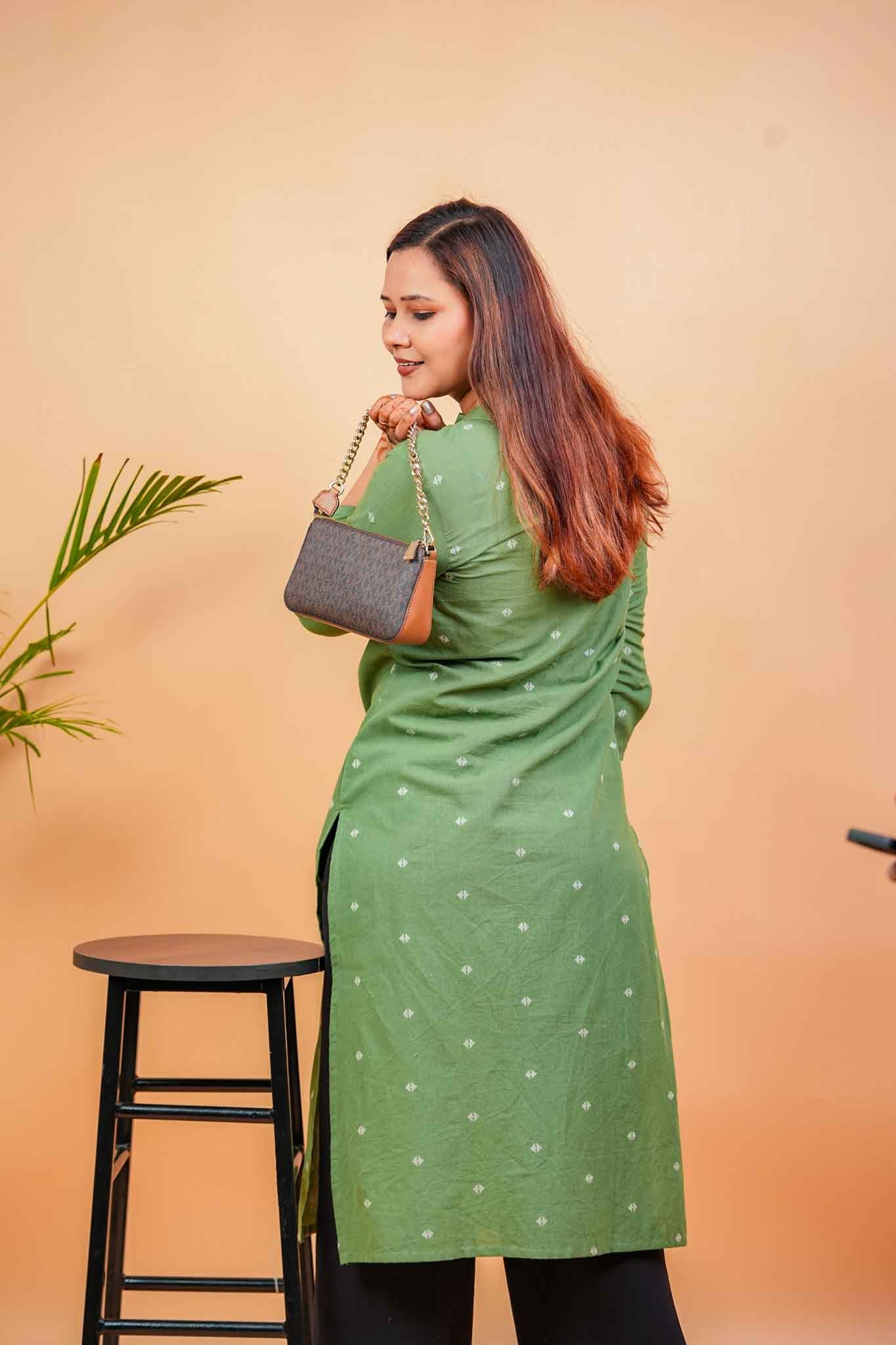 KANSI- OLIVE GREEN HANDLOOM WOVEN KURTA