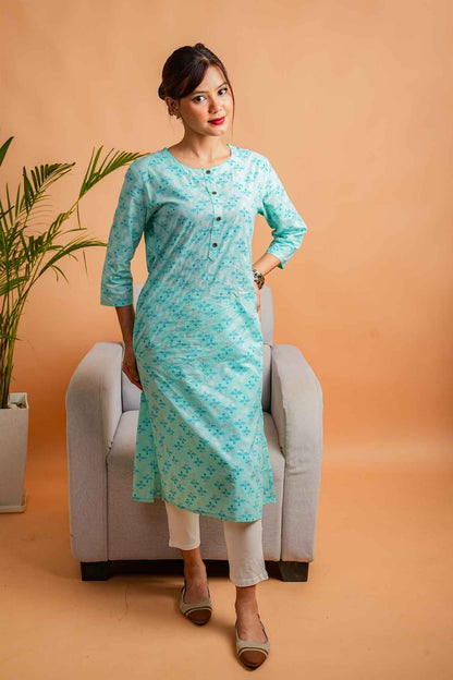 Kaamodi-Mint cotton kurta with silver foil print butti