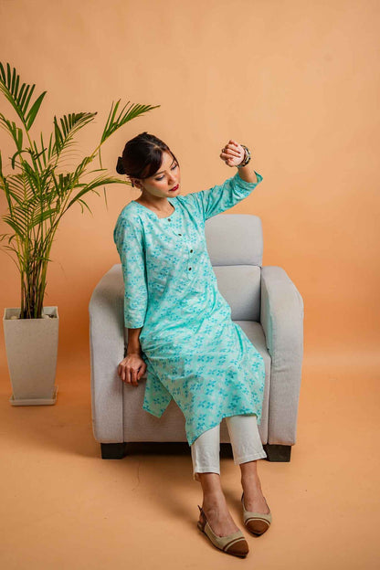 Kaamodi-Mint cotton kurta with silver foil print butti
