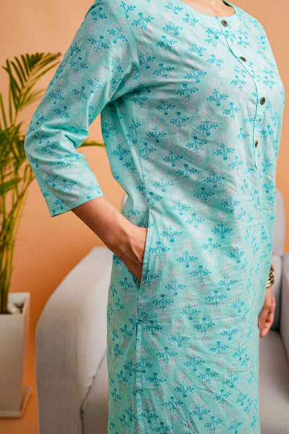 Kaamodi-Mint cotton kurta with silver foil print butti