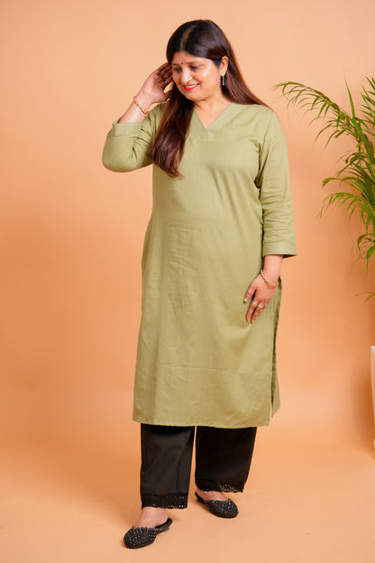 KYLA- OLIVE GREEN V- NECK KURTA