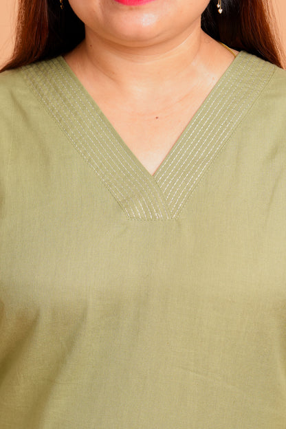 KYLA- OLIVE GREEN V- NECK KURTA